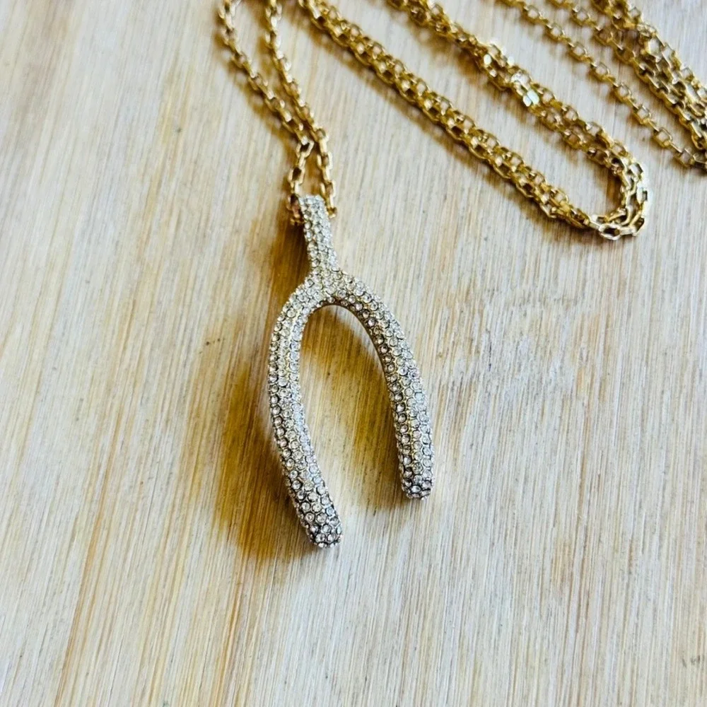 Michael Kors Gold Plated Wishbone Necklace Crystal Pave Authentic Rare Box Chain